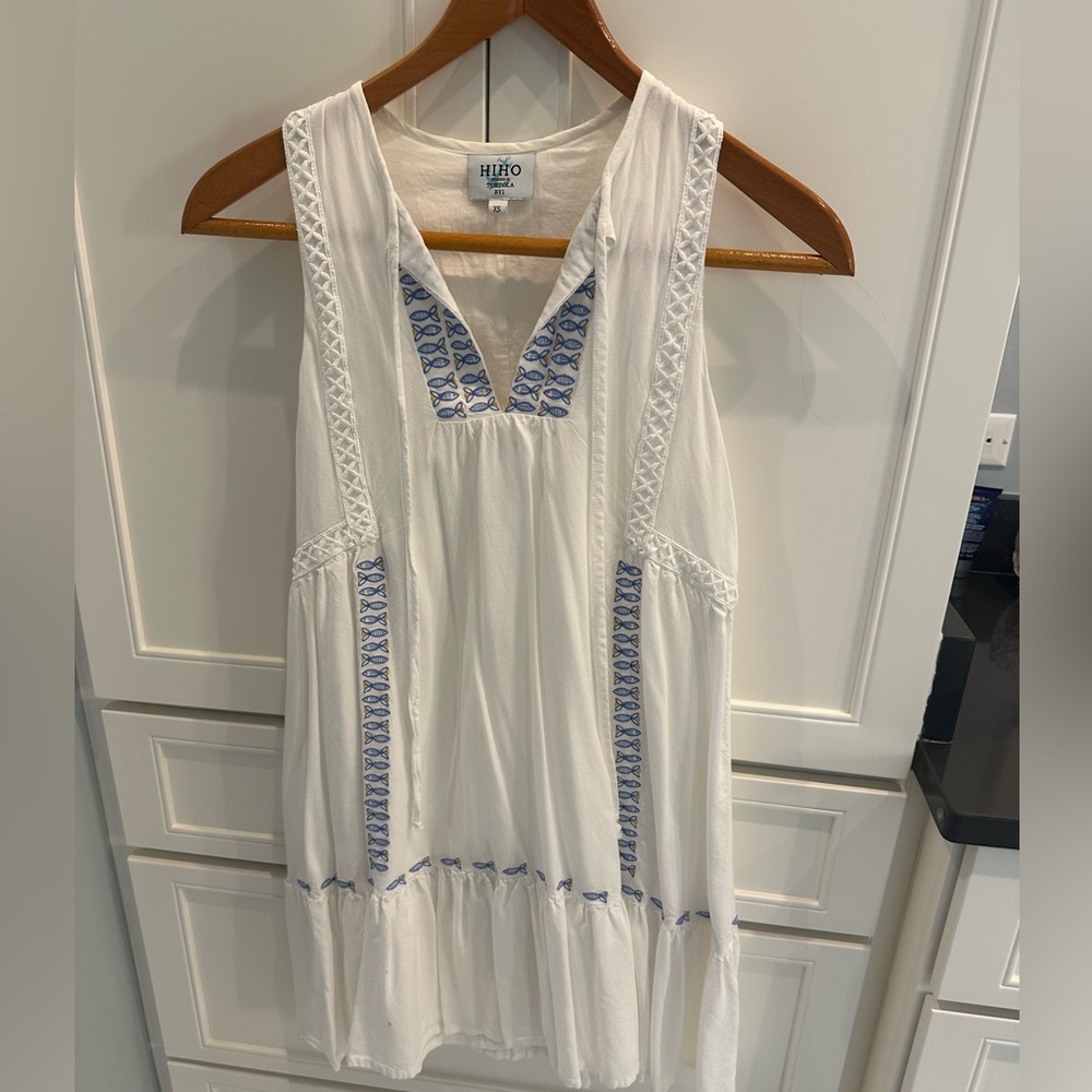 Hi Ho White Sleeveless Dress with Blue Fish Embroidery